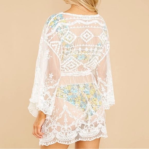 WINDSOR Ivory Mesh And Lace Beach Coverup, Small Medium, Drawstring Waist - Picture 13 of 16